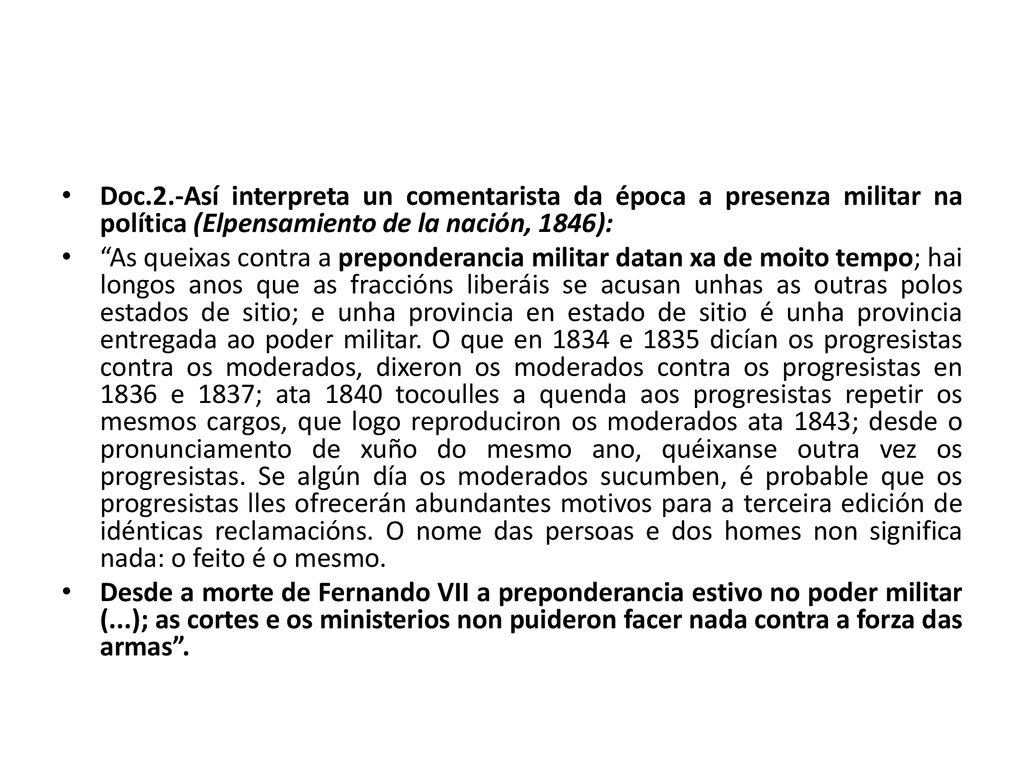 Doc.2.-Así interpreta un comentarista da época a presenza militar na política (Elpensamiento de la nación, 1846):