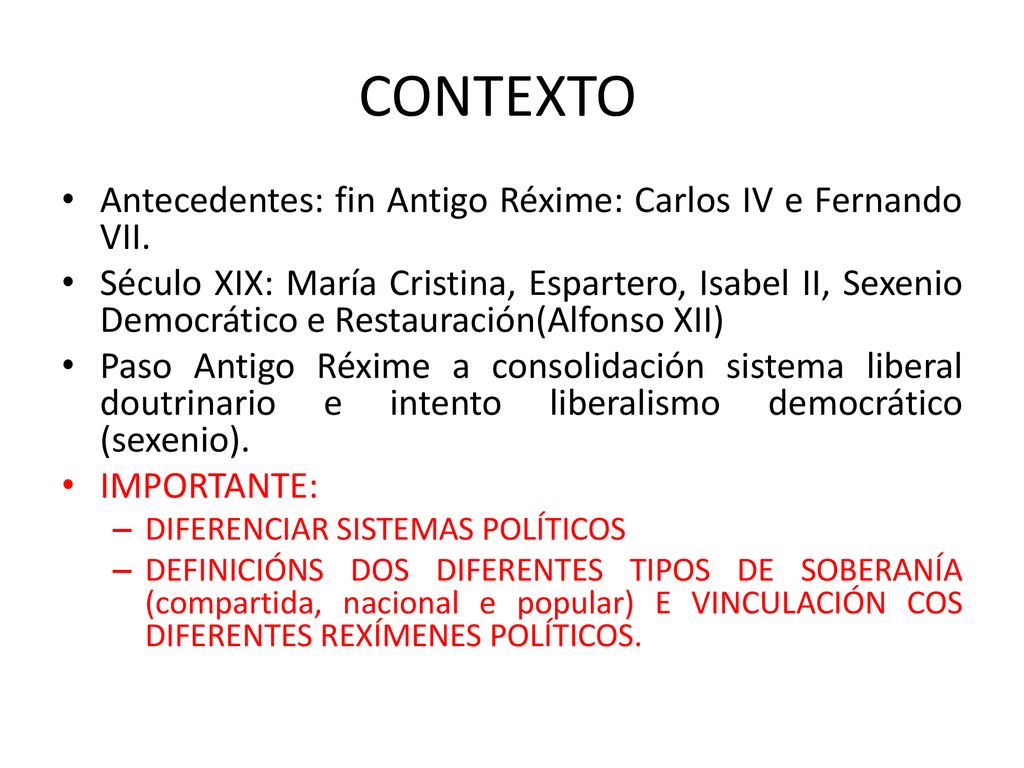 CONTEXTO Antecedentes: fin Antigo Réxime: Carlos IV e Fernando VII.