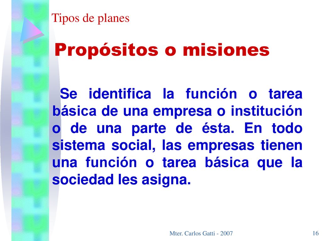 Tipos de planes Propósitos o misiones.