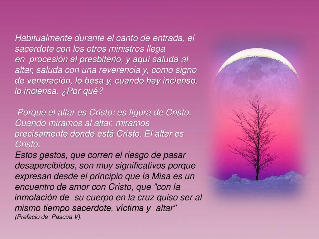 Habitualmente durante el canto de entrada, el sacerdote con los otros ministros llega en procesión al presbiterio, y aquí saluda al altar, saluda con una reverencia y, como signo de veneración, lo besa y, cuando hay incienso, lo inciensa. ¿Por qué