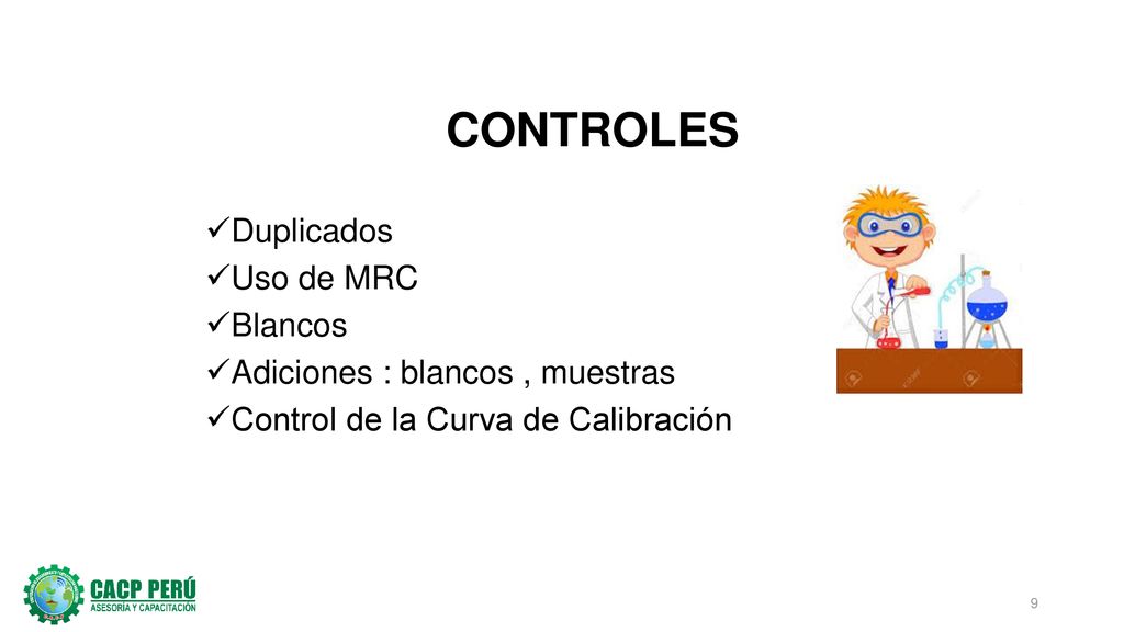 CONTROLES Duplicados Uso de MRC Blancos Adiciones : blancos , muestras