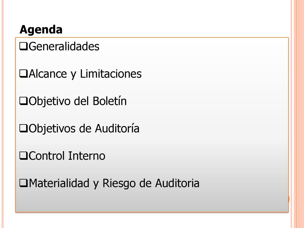 Agenda Generalidades. Alcance y Limitaciones. Objetivo del Boletín. Objetivos de Auditoría. Control Interno.
