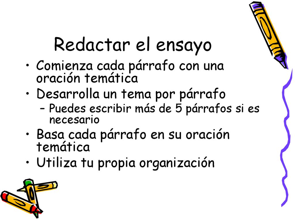 Redactar el ensayo Comienza cada párrafo con una oración temática
