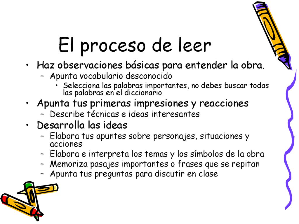 El proceso de leer Haz observaciones básicas para entender la obra.