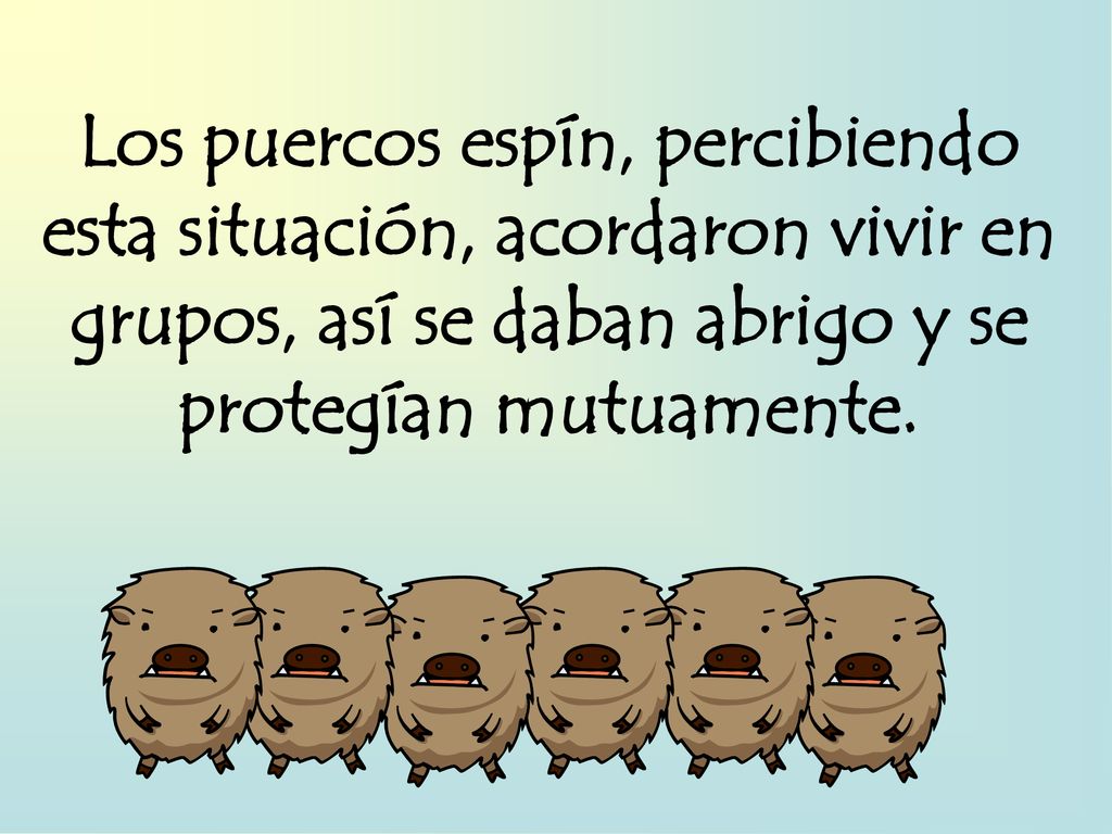 Los puercos espín, percibiendo esta situación, acordaron vivir en grupos, así se daban abrigo y se protegían mutuamente.