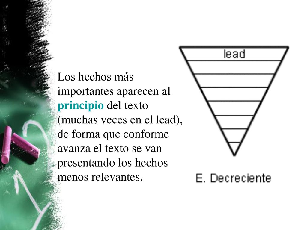 Los hechos más importantes aparecen al principio del texto (muchas veces en el lead), de forma que conforme avanza el texto se van presentando los hechos menos relevantes.