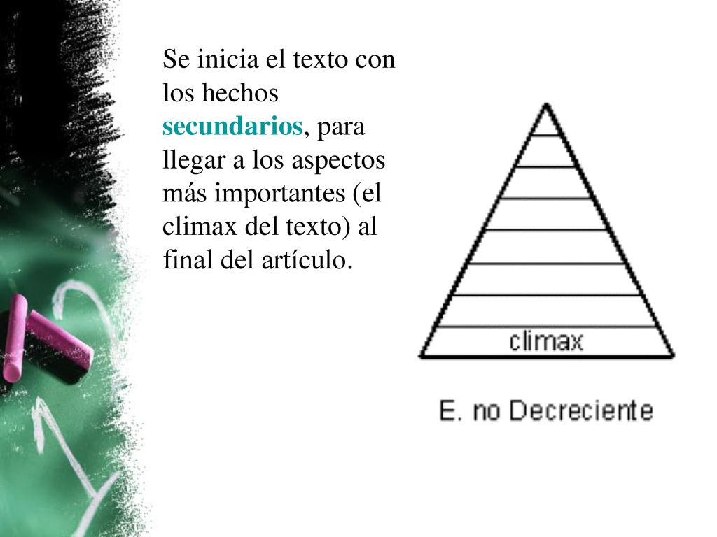 Se inicia el texto con los hechos secundarios, para llegar a los aspectos más importantes (el climax del texto) al final del artículo.