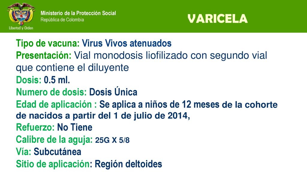 VARICELA Tipo de vacuna: Virus Vivos atenuados