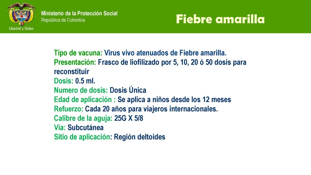 Fiebre amarilla Tipo de vacuna: Virus vivo atenuados de Fiebre amarilla.