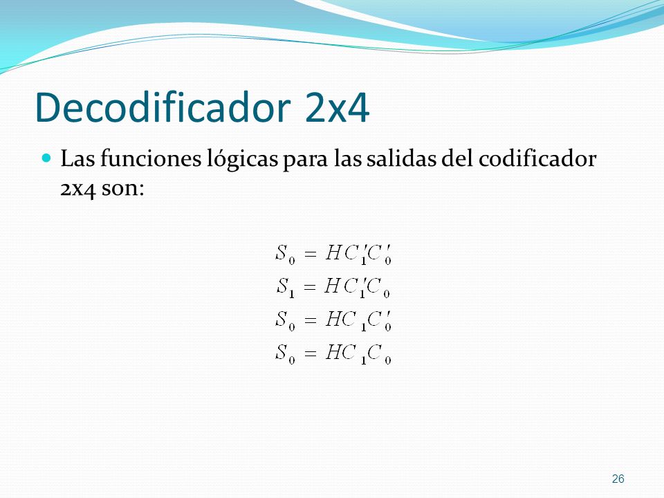 Decodificador 2x4 Las funciones lógicas para las salidas del codificador 2x4 son: