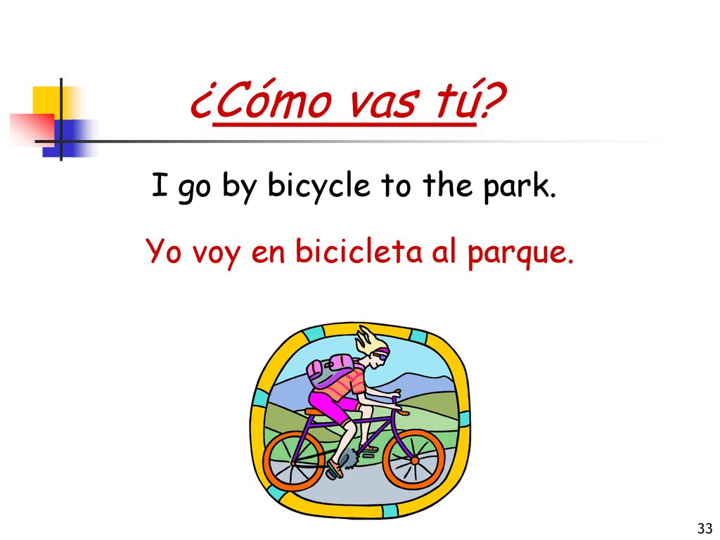 ¿Cómo vas tú I go by bicycle to the park.