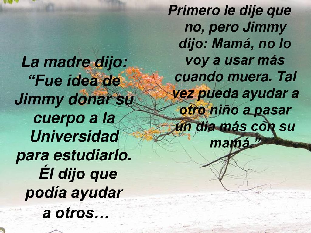 Primero le dije que no, pero Jimmy dijo: Mamá, no lo voy a usar más cuando muera. Tal vez pueda ayudar a otro niño a pasar un día más con su mamá.