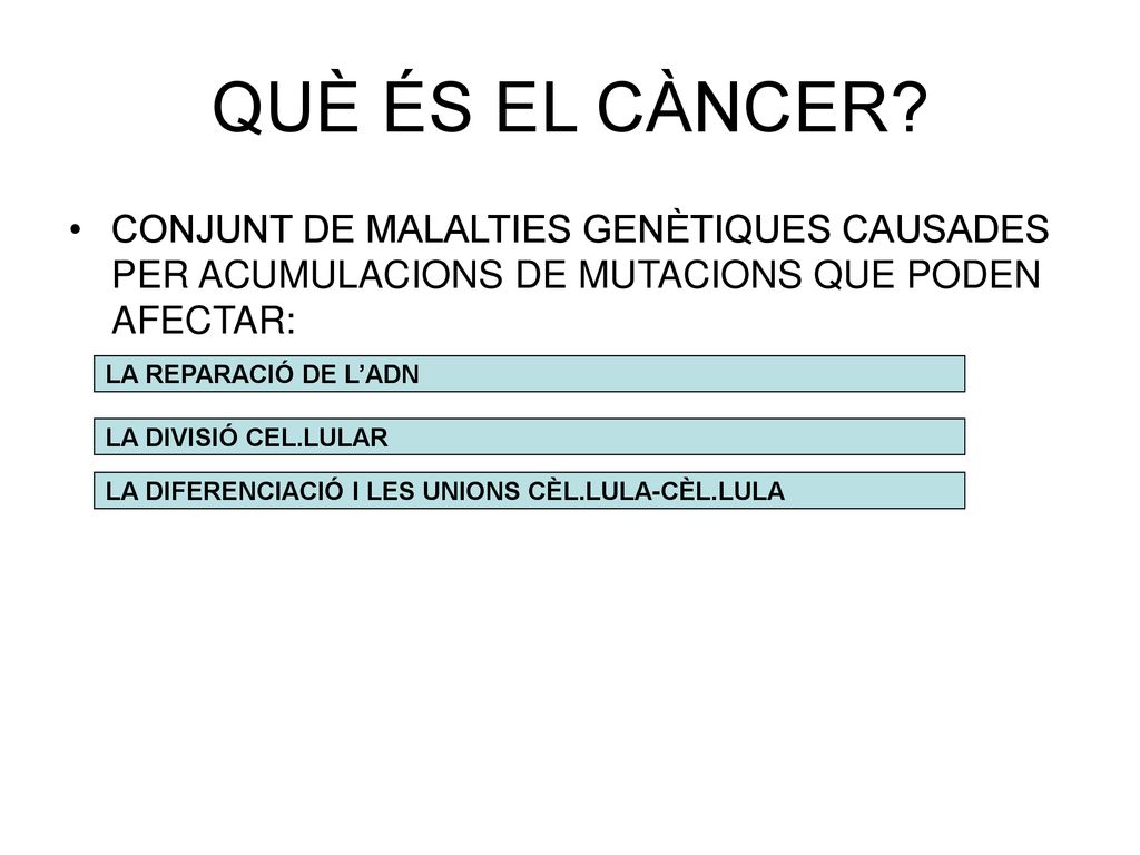QUÈ ÉS EL CÀNCER CONJUNT DE MALALTIES GENÈTIQUES CAUSADES PER ACUMULACIONS DE MUTACIONS QUE PODEN AFECTAR: