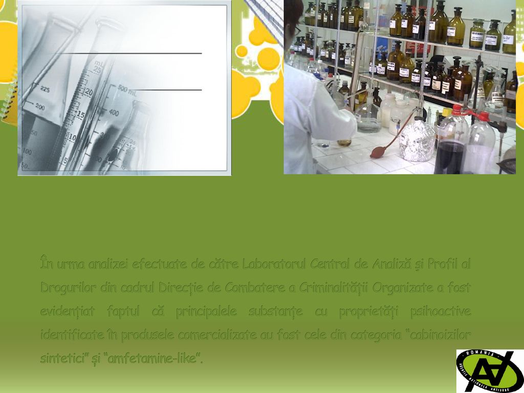 În urma analizei efectuate de către Laboratorul Central de Analiză şi Profil al Drogurilor din cadrul Direcție de Combatere a Criminalității Organizate a fost evidențiat faptul că principalele substanțe cu proprietăți psihoactive identificate în produsele comercializate au fost cele din categoria cabinoizilor sintetici și amfetamine-like .