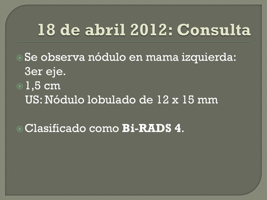 18 de abril 2012: Consulta Se observa nódulo en mama izquierda: 3er eje. 1,5 cm. US: Nódulo lobulado de 12 x 15 mm.