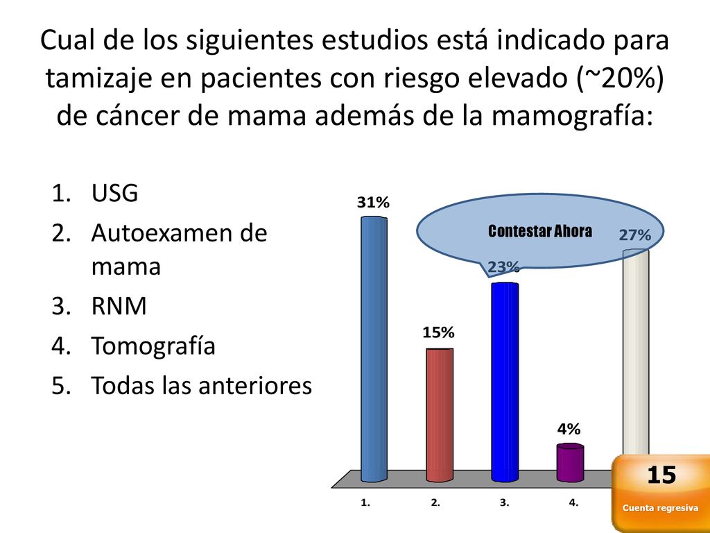 Cual de los siguientes estudios está indicado para tamizaje en pacientes con riesgo elevado (~20%) de cáncer de mama además de la mamografía: