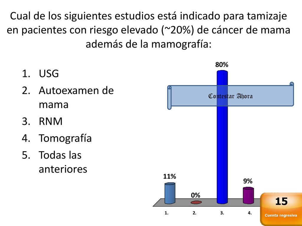 Cual de los siguientes estudios está indicado para tamizaje en pacientes con riesgo elevado (~20%) de cáncer de mama además de la mamografía: