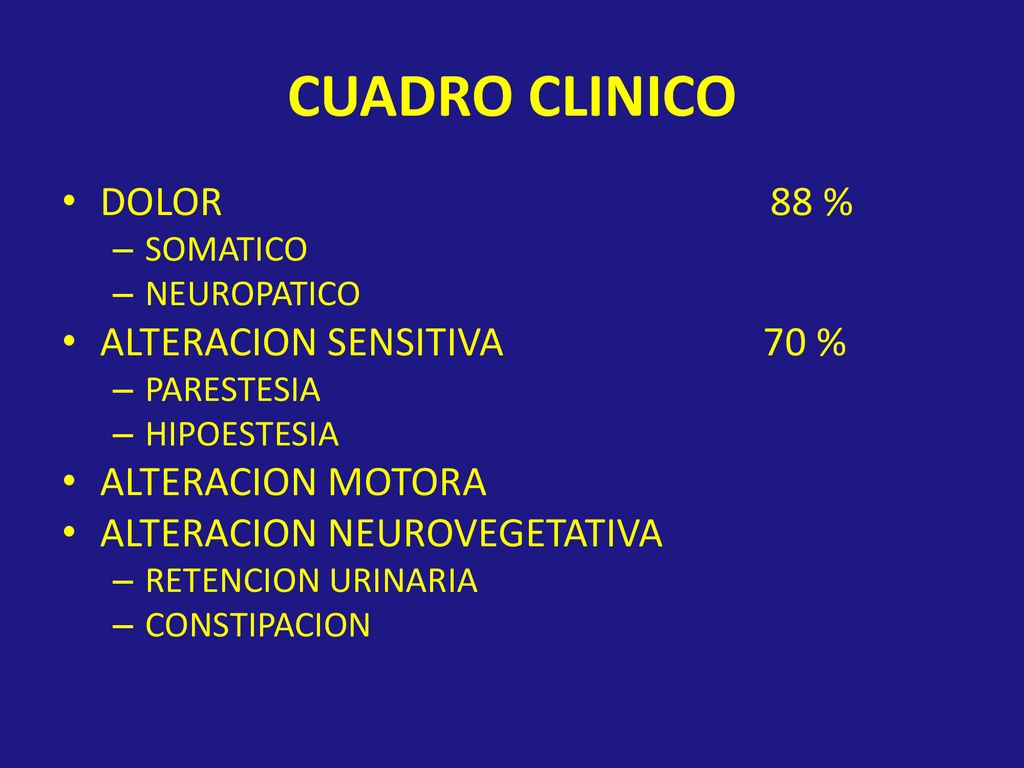 CUADRO CLINICO DOLOR 88 % ALTERACION SENSITIVA 70 % ALTERACION MOTORA