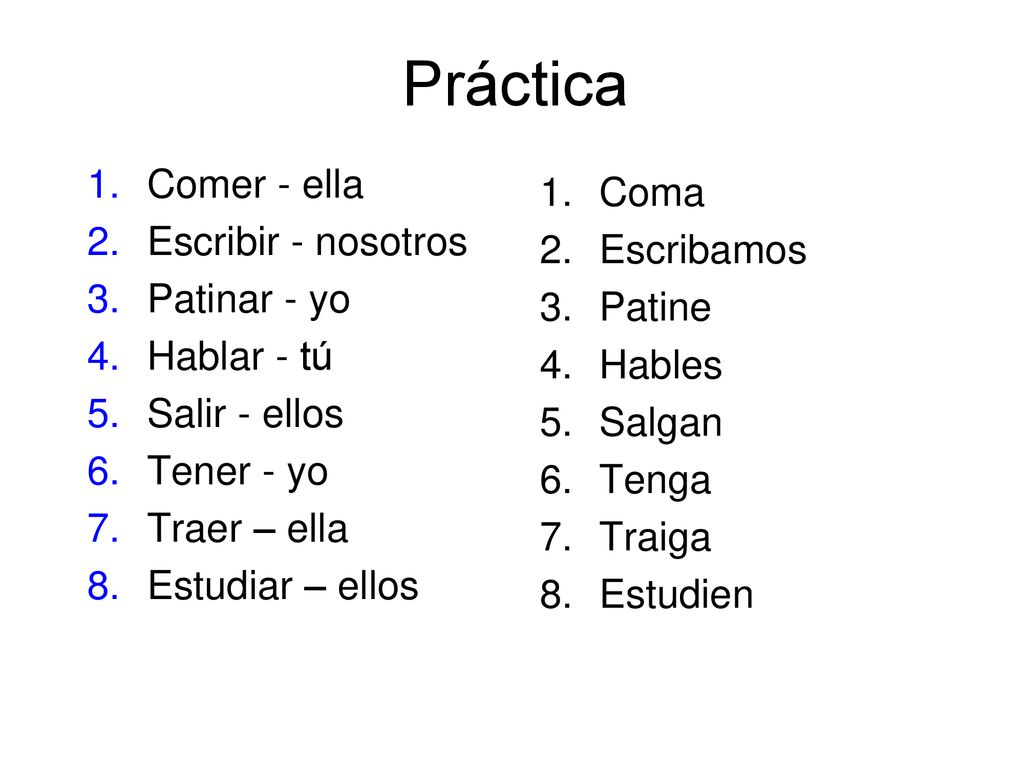 Práctica Comer - ella Coma Escribir - nosotros Escribamos Patinar - yo