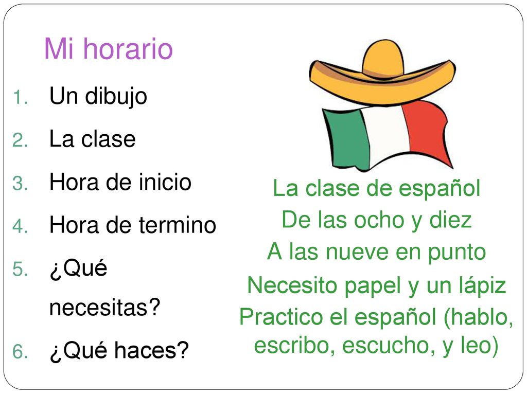 Mi horario Un dibujo La clase Hora de inicio Hora de termino