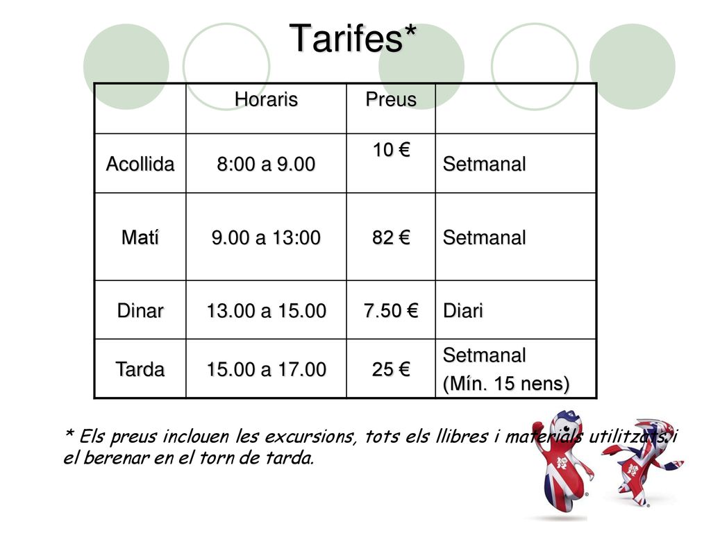 Tarifes* Horaris Preus Acollida 8:00 a € Setmanal Matí