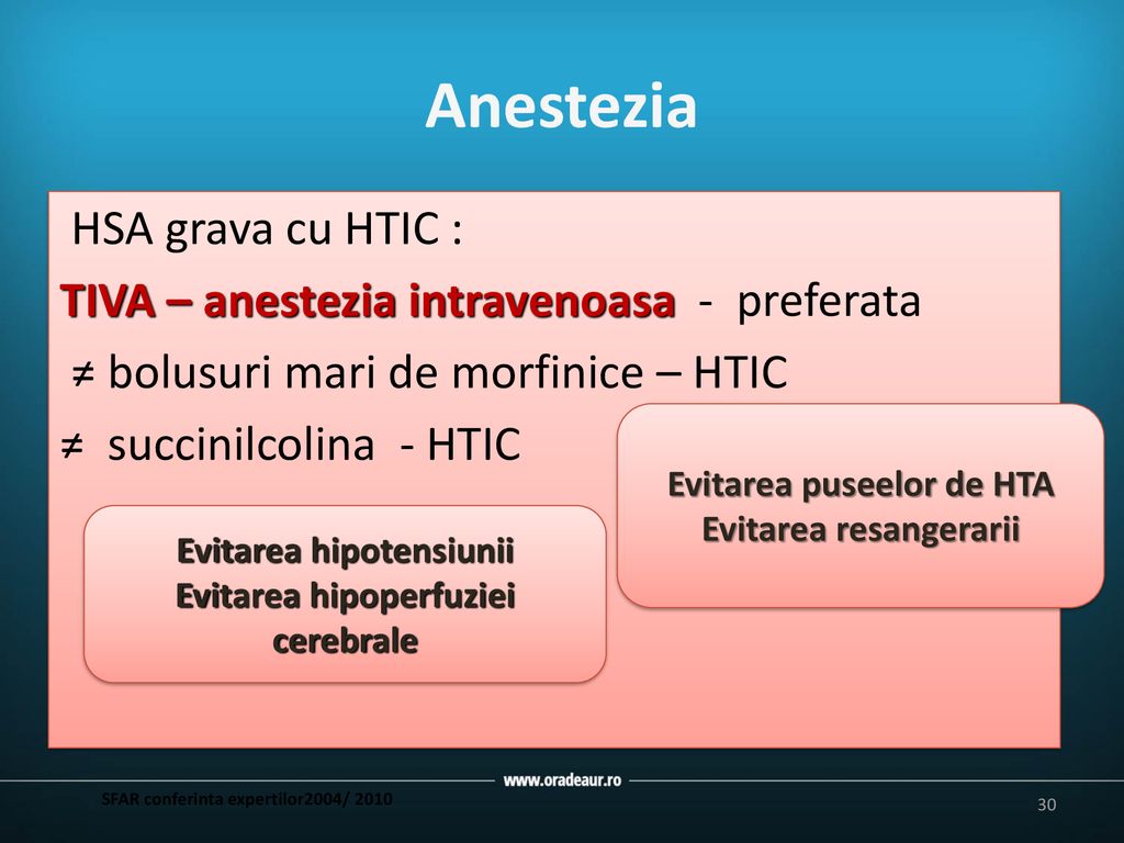 Anestezia HSA grava cu HTIC : TIVA – anestezia intravenoasa - preferata ≠ bolusuri mari de morfinice – HTIC ≠ succinilcolina - HTIC