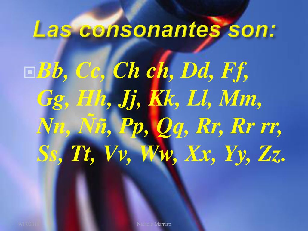 Las consonantes son: Bb, Cc, Ch ch, Dd, Ff, Gg, Hh, Jj, Kk, Ll, Mm, Nn, Ññ, Pp, Qq, Rr, Rr rr, Ss, Tt, Vv, Ww, Xx, Yy, Zz.