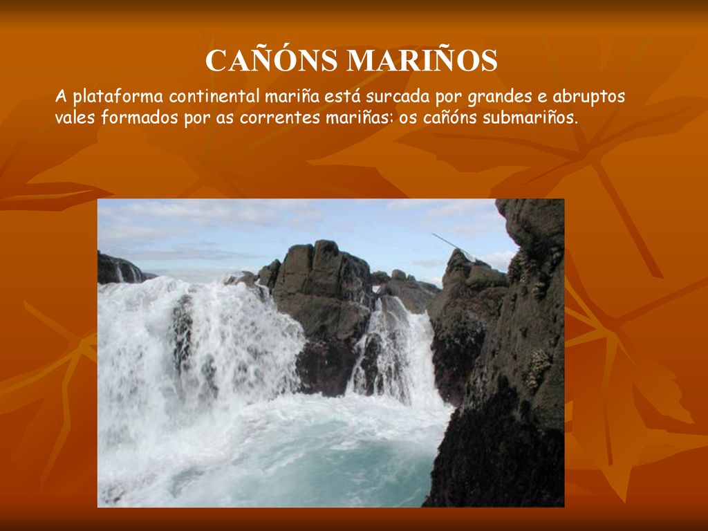 CAÑÓNS MARIÑOS A plataforma continental mariña está surcada por grandes e abruptos vales formados por as correntes mariñas: os cañóns submariños.