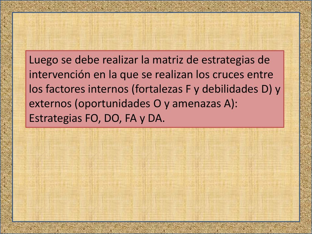 Luego se debe realizar la matriz de estrategias de intervención en la que se realizan los cruces entre los factores internos (fortalezas F y debilidades D) y externos (oportunidades O y amenazas A): Estrategias FO, DO, FA y DA.