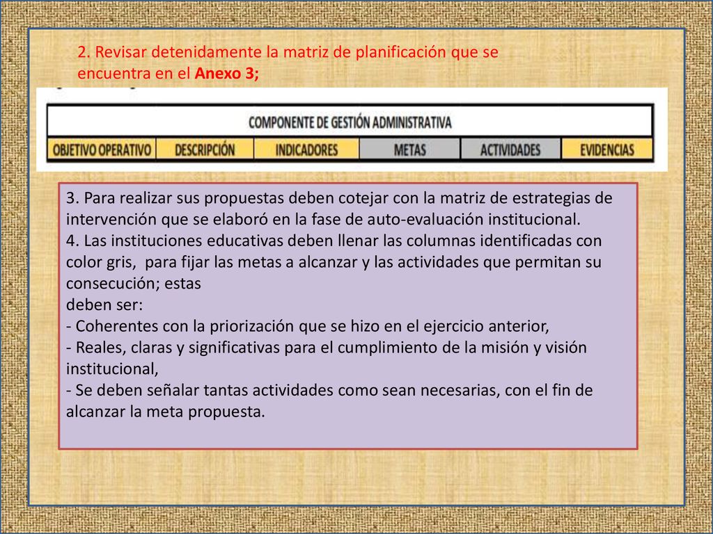 2. Revisar detenidamente la matriz de planificación que se encuentra en el Anexo 3;