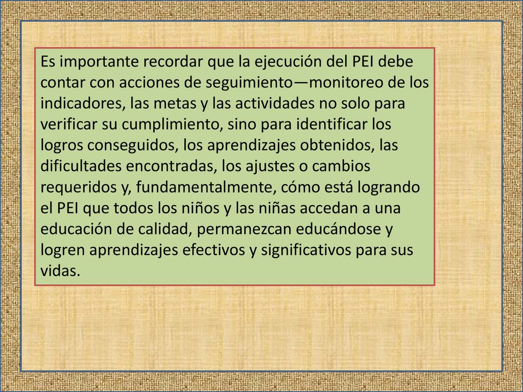 Es importante recordar que la ejecución del PEI debe contar con acciones de seguimiento—monitoreo de los indicadores, las metas y las actividades no solo para verificar su cumplimiento, sino para identificar los logros conseguidos, los aprendizajes obtenidos, las dificultades encontradas, los ajustes o cambios requeridos y, fundamentalmente, cómo está logrando el PEI que todos los niños y las niñas accedan a una educación de calidad, permanezcan educándose y logren aprendizajes efectivos y significativos para sus vidas.
