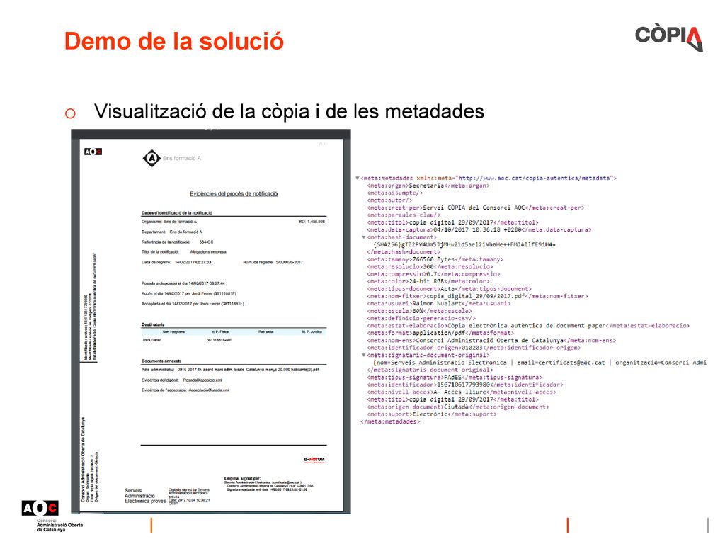 Demo de la solució Visualització de la còpia i de les metadades