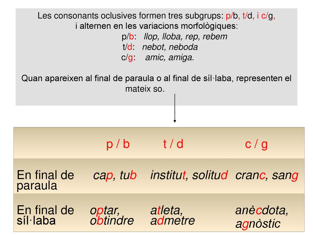 p / b t / d c / g En final de paraula cap, tub institut, solitud