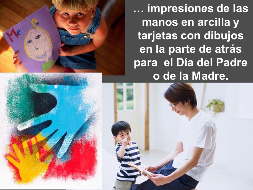 … impresiones de las manos en arcilla y tarjetas con dibujos en la parte de atrás para el Día del Padre o de la Madre.