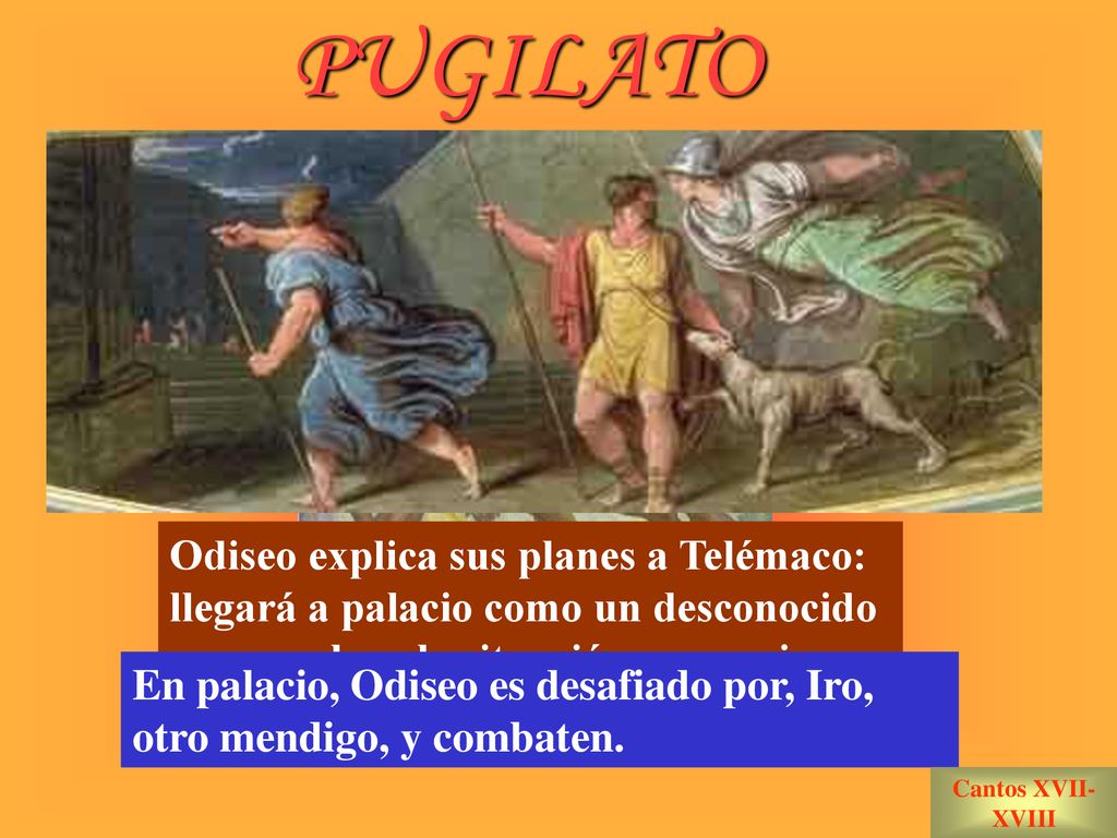 PUGILATO Odiseo explica sus planes a Telémaco: llegará a palacio como un desconocido para evaluar la situación y maquinar un plan.