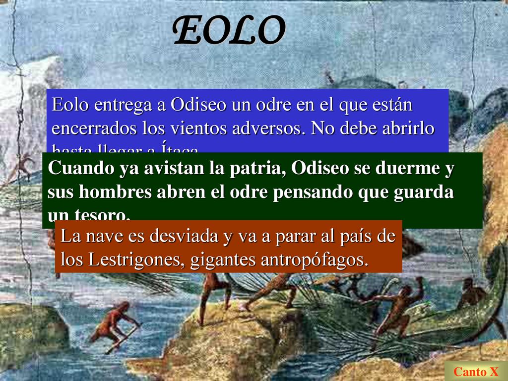 EOLO Eolo entrega a Odiseo un odre en el que están encerrados los vientos adversos. No debe abrirlo hasta llegar a Ítaca.