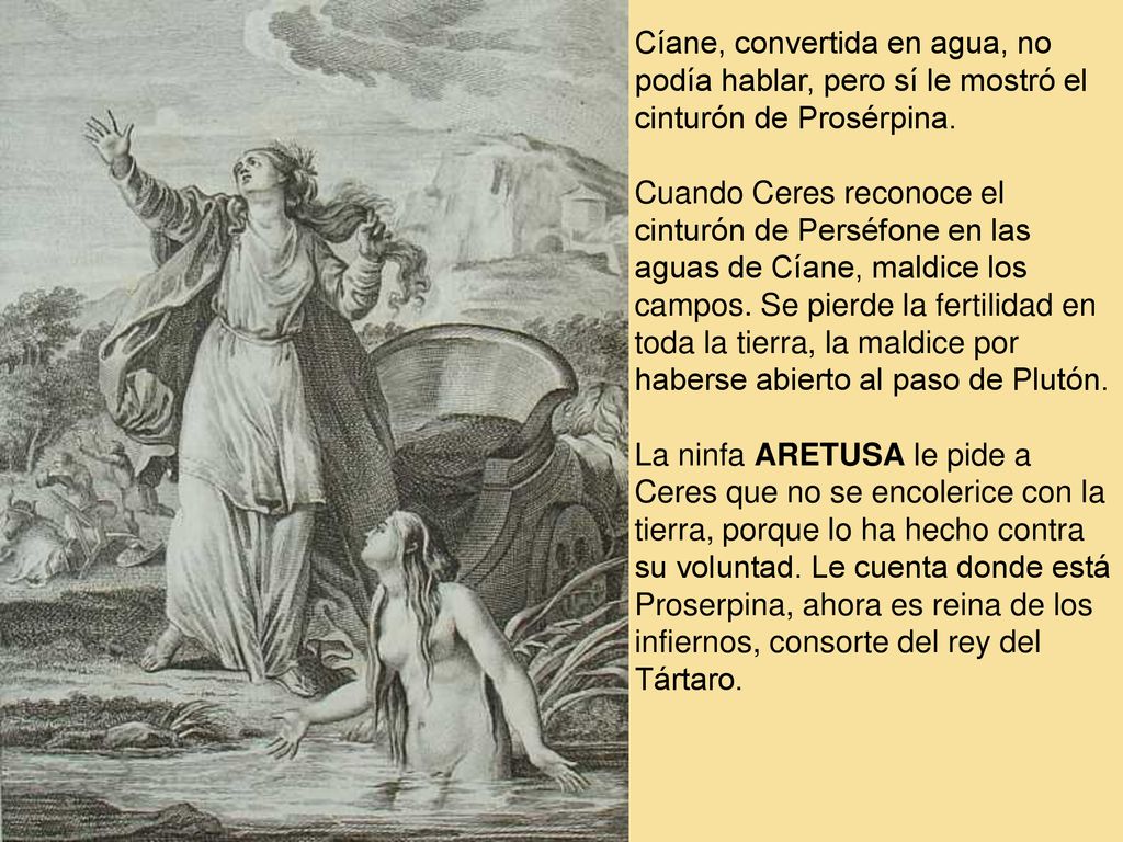 Cíane, convertida en agua, no podía hablar, pero sí le mostró el cinturón de Prosérpina.