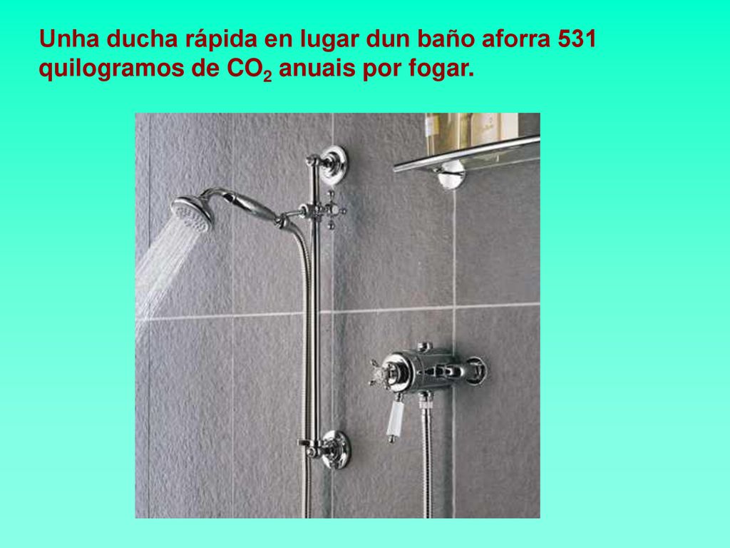Unha ducha rápida en lugar dun baño aforra 531 quilogramos de CO2 anuais por fogar.