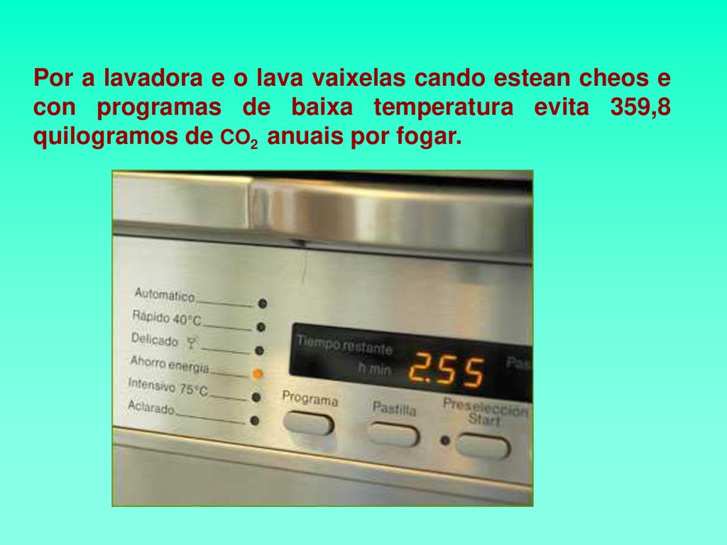 Por a lavadora e o lava vaixelas cando estean cheos e con programas de baixa temperatura evita 359,8 quilogramos de CO2 anuais por fogar.