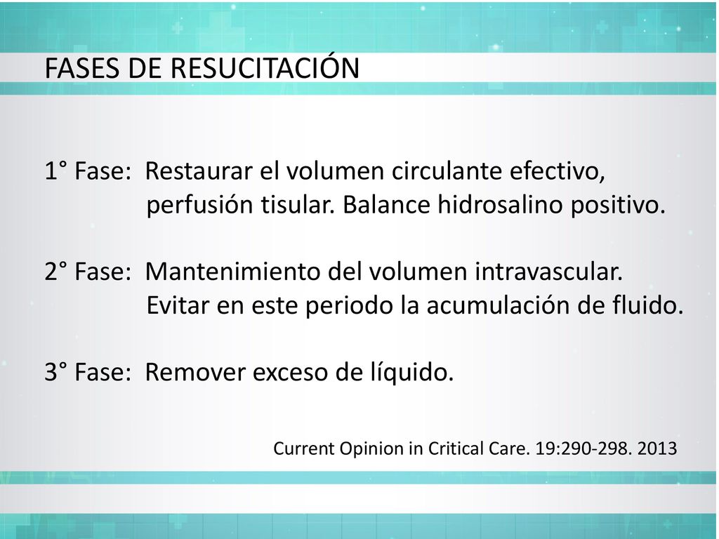 FASES DE RESUCITACIÓN 1° Fase: Restaurar el volumen circulante efectivo, perfusión tisular. Balance hidrosalino positivo.