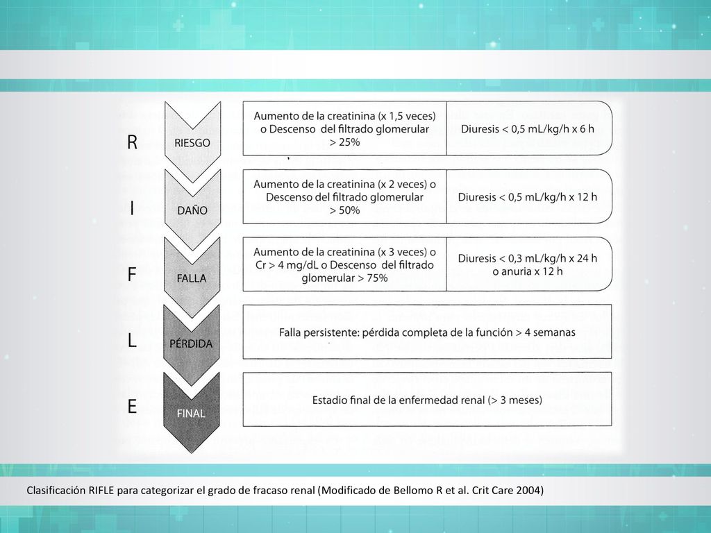 Clasificación RIFLE para categorizar el grado de fracaso renal (Modificado de Bellomo R et al.