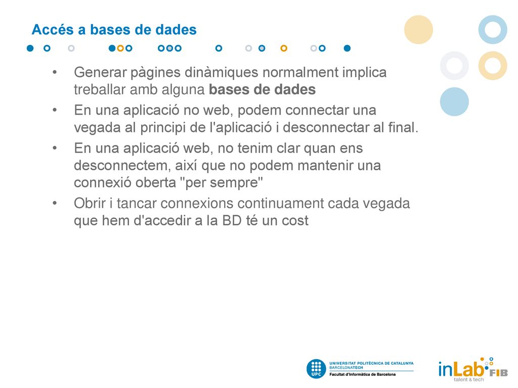 Accés a bases de dades Generar pàgines dinàmiques normalment implica treballar amb alguna bases de dades.