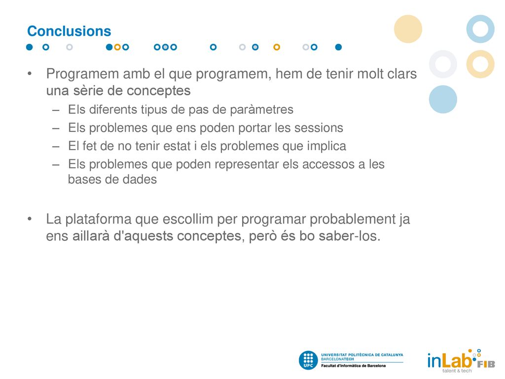 Conclusions Programem amb el que programem, hem de tenir molt clars una sèrie de conceptes. Els diferents tipus de pas de paràmetres.