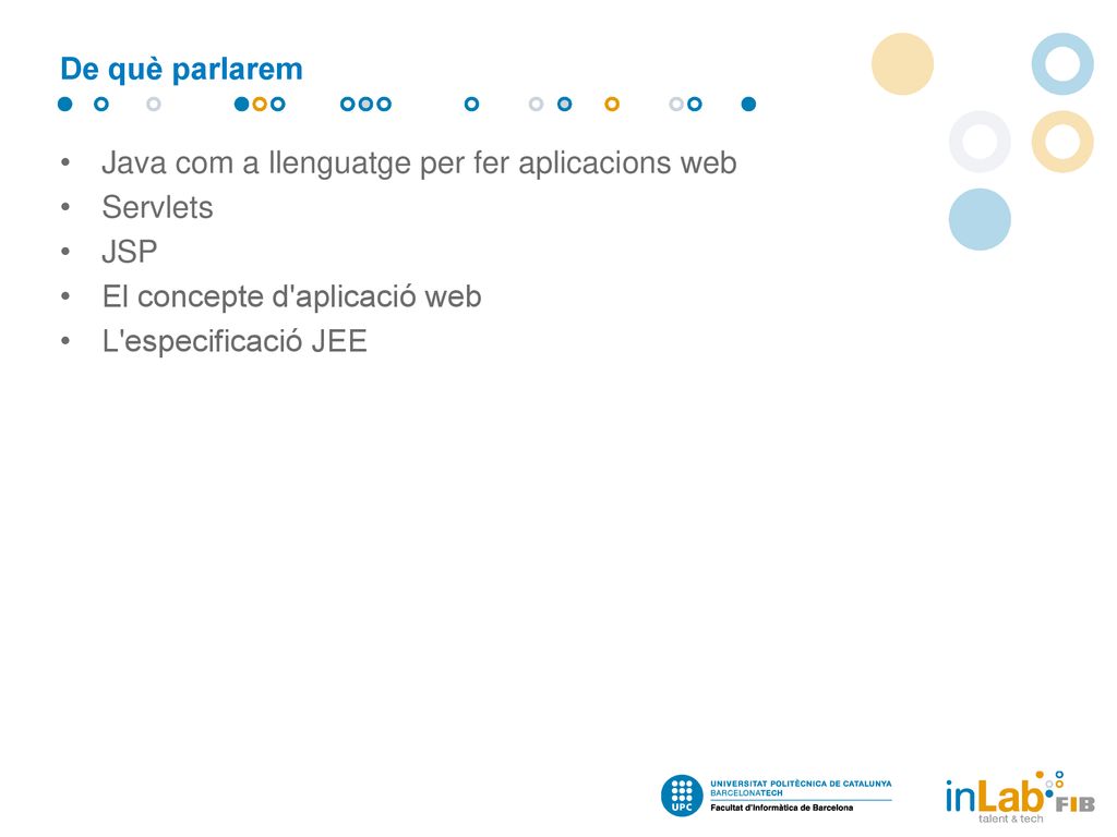 De què parlarem Java com a llenguatge per fer aplicacions web. Servlets. JSP. El concepte d aplicació web.