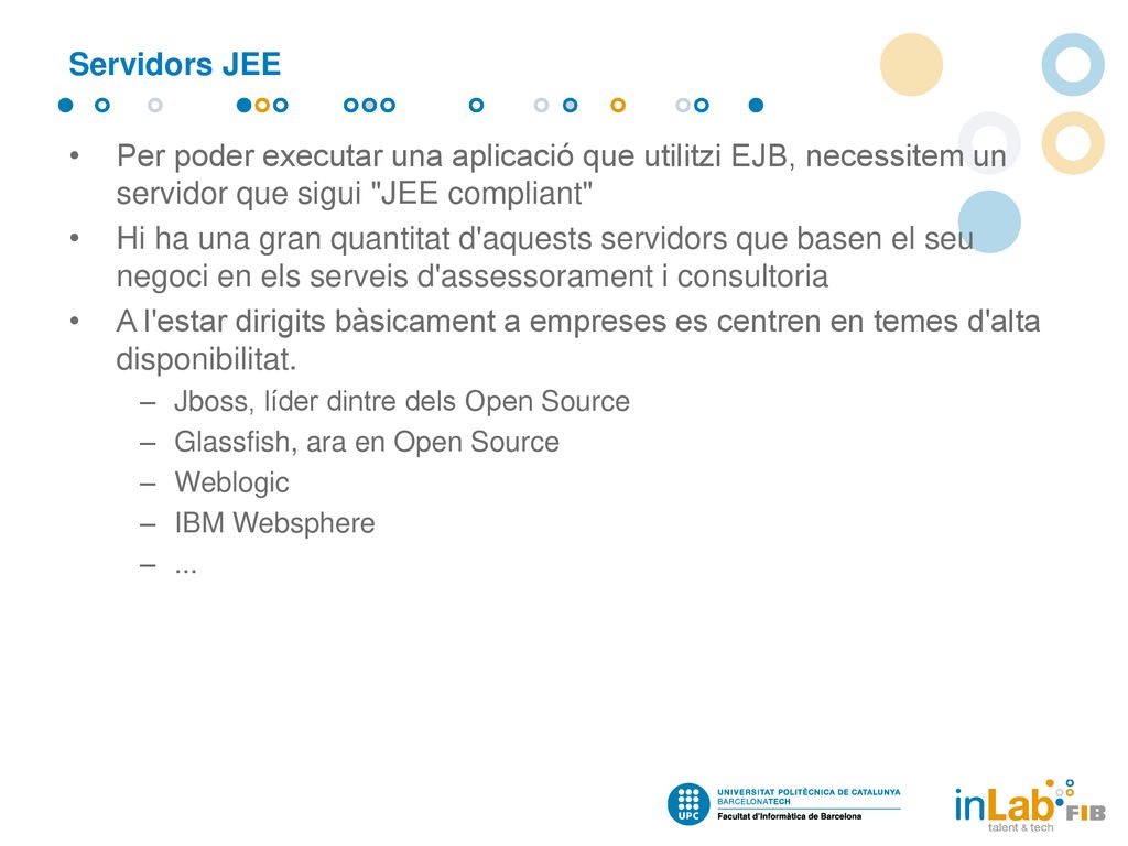 Servidors JEE Per poder executar una aplicació que utilitzi EJB, necessitem un servidor que sigui JEE compliant