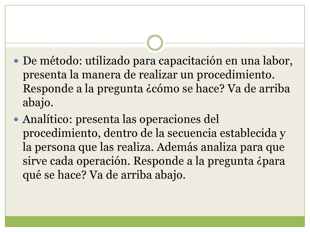 De método: utilizado para capacitación en una labor, presenta la manera de realizar un procedimiento. Responde a la pregunta ¿cómo se hace Va de arriba abajo.