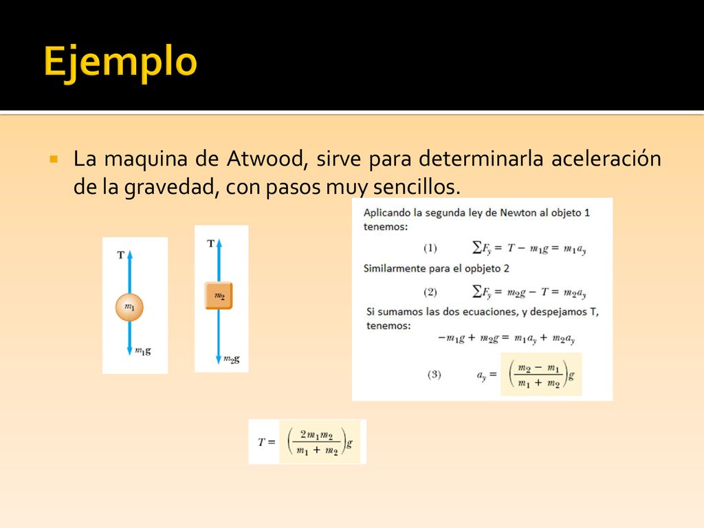 Ejemplo La maquina de Atwood, sirve para determinarla aceleración de la gravedad, con pasos muy sencillos.