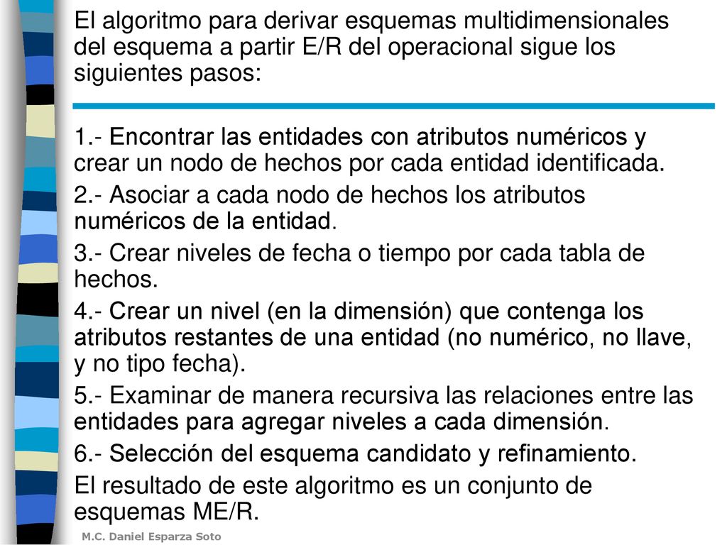 El algoritmo para derivar esquemas multidimensionales del esquema a partir E/R del operacional sigue los siguientes pasos: