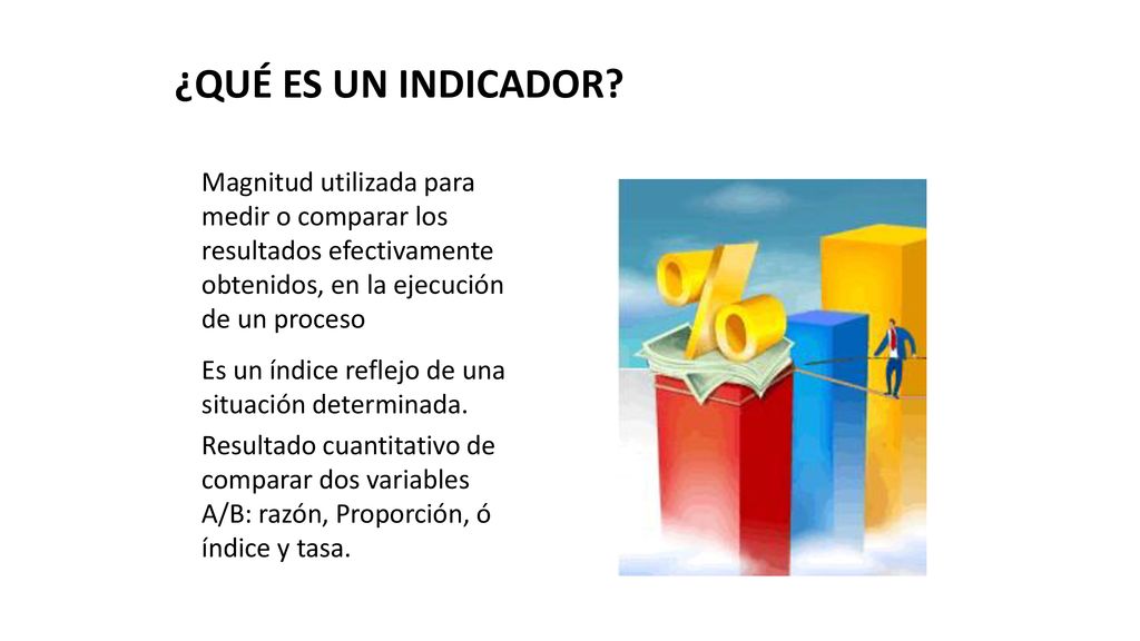 ¿QUÉ ES UN INDICADOR Magnitud utilizada para medir o comparar los resultados efectivamente obtenidos, en la ejecución de un proceso.