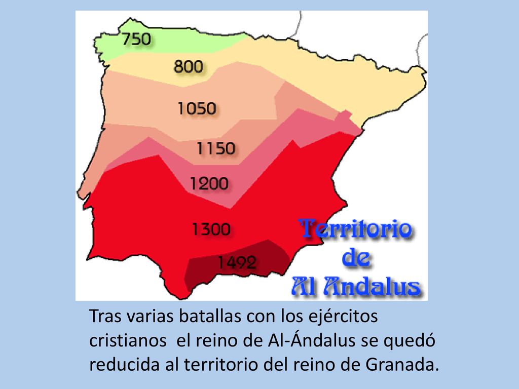 Tras varias batallas con los ejércitos cristianos el reino de Al-Ándalus se quedó reducida al territorio del reino de Granada.